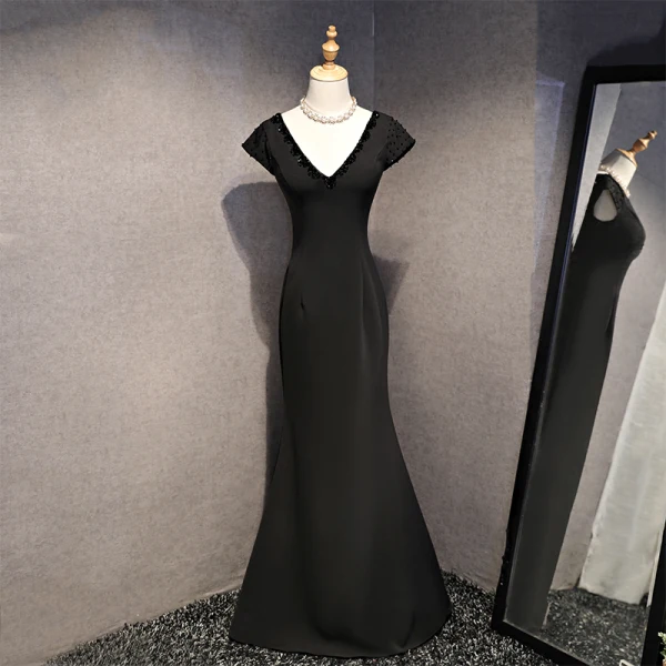 Chic / Beautiful Evening Dresses 2017 Trumpet / Mermaid Crystal V-Neck Backless Zipper Up Short Sleeve Floor-Length / Long Evening Party