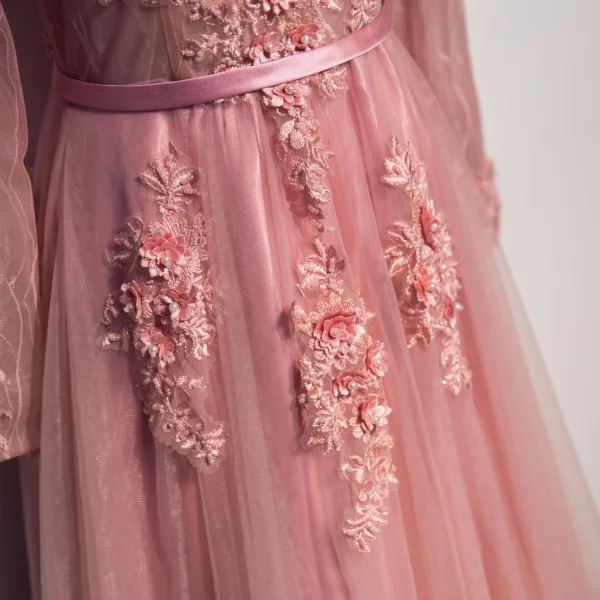 Chic / Beautiful Prom Dresses 2017 A-Line / Princess Appliques Pearl Lace V-Neck Crossed Straps Long Sleeve Floor-Length / Long