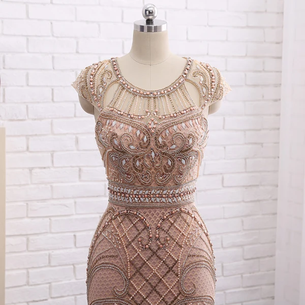 Amazing / Unique Champagne Evening Dresses 2017 Trumpet / Mermaid Beading Scoop Neck Zipper Up Short Sleeve Sweep Train Evening Party