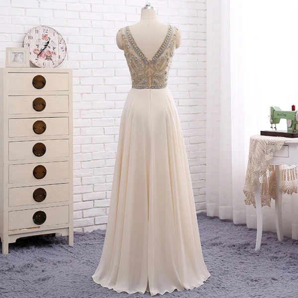 Chic / Beautiful Champagne Evening Dresses  2017 A-Line / Princess Beading Ruffle Scoop Neck Zipper Up Backless Sleeveless Floor-Length / Long Evening Party