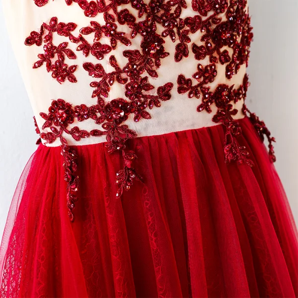 Chic / Beautiful Red Evening Dresses 2017 A-Line / Princess Lace Flower Crystal Artificial Flowers Scoop Neck Sleeveless Ankle Length Evening Party
