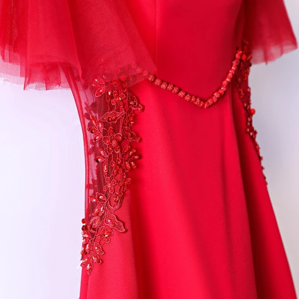 Chic / Beautiful Red Evening Dresses 2017 Trumpet / Mermaid Flower Lace Sequins Beading Scoop Neck Zipper Up Short Sleeve Ankle Length Evening Party