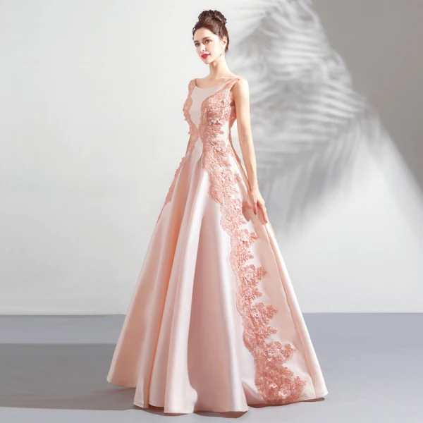 Modern / Fashion Pearl Pink Prom Dresses 2018 A-Line / Princess Lace Flower Appliques Pearl Scoop Neck Backless Sleeveless Floor-Length / Long Formal Dresses