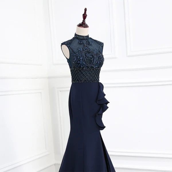 Modern / Fashion Burgundy Evening Dresses 2018 Trumpet / Mermaid Crystal Lace Flower High Neck Backless Sleeveless Sweep Train Formal Dresses