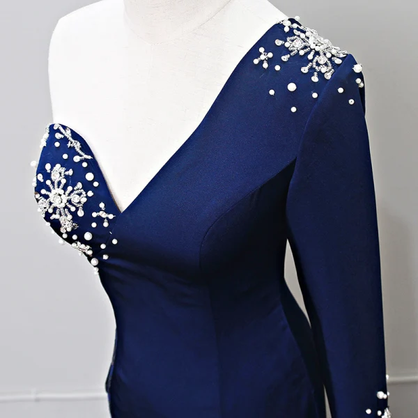 Vintage / Originale Bleu Marine Robe De Soirée 2018 Trompette / Sirène Perle Paillettes Une épaule Manches Longues Dos Nu Train De Balayage Robe De Ceremonie