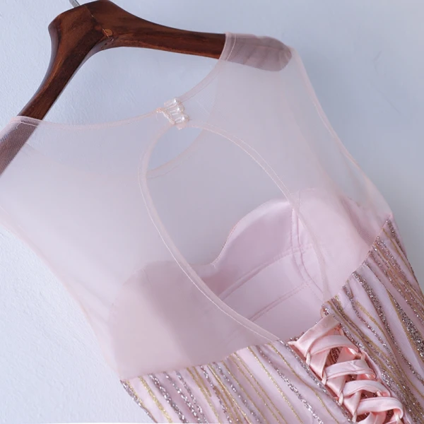 Chic / Beautiful Pearl Pink Prom Dresses 2017 A-Line / Princess Sequins Lace Scoop Neck Backless Sleeveless Floor-Length / Long Prom