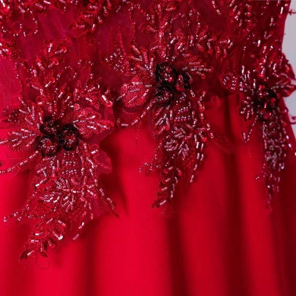 Chic / Belle Rouge Robe De Soirée 2017 Trompette / Sirène En Dentelle Fleur Perlage Paillettes V-Cou Dos Nu Manches Courtes Longueur Cheville Soirée