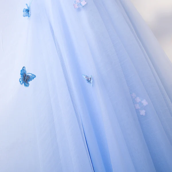 Schöne Himmelblau Abendkleider 2017 A Linie Schmetterling Spitze Blumen Rundhalsausschnitt Rückenfreies Kurze Ärmel Knöchellänge Abend