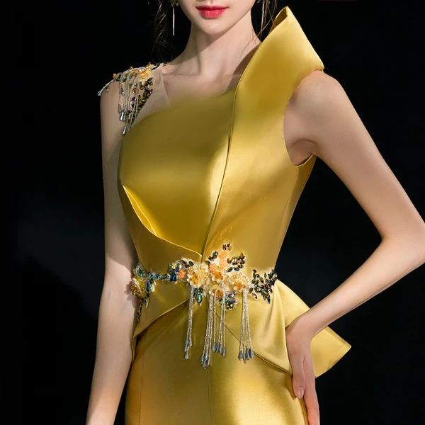 Amazing / Unique Gold Evening Dresses 2018 Trumpet / Mermaid Appliques Beading Tassel Crystal Rhinestone Scoop Neck Backless Sleeveless Floor-Length / Long Formal Dresses
