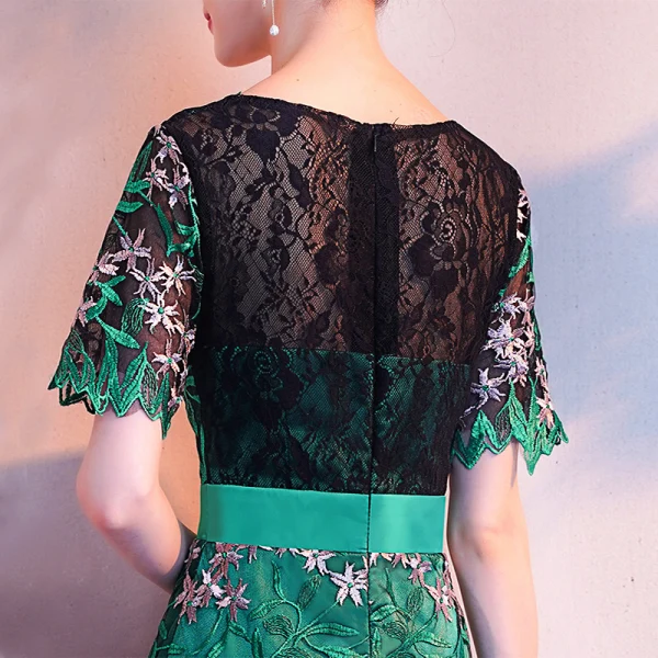 Amazing / Unique Dark Green Evening Dresses 2018 Trumpet / Mermaid Lace Flower V-Neck Short Sleeve Ankle Length Formal Dresses