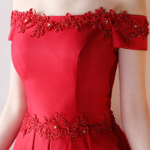 Chic / Belle Rouge Robe De Soirée 2017 Princesse Dentelle Fleur Paillettes De l'épaule Dos Nu Manches Courtes Longueur Cheville Robe De Ceremonie