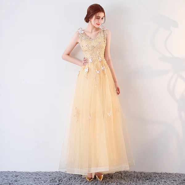 Luxury / Gorgeous Gold Prom Dresses 2017 A-Line / Princess Butterfly Lace Flower Crystal Sequins V-Neck Backless Sleeveless Ankle Length Formal Dresses