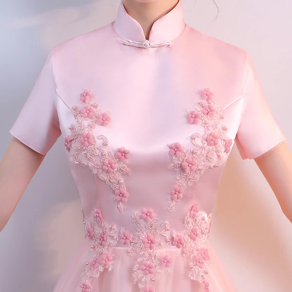 Chic / Beautiful Pearl Pink Chinese style Formal Dresses 2017 A-Line / Princess Lace Flower Pearl High Neck Short Sleeve Floor-Length / Long Evening Dresses