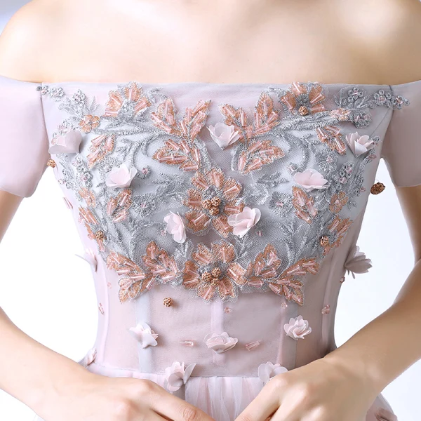 Chic / Belle Rougissant Rose Robe De Ceremonie 2017 Princesse En Dentelle Fleur Cristal De l'épaule Dos Nu Manches Courtes Longueur Cheville Robe De Bal