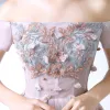 Chic / Beautiful Blushing Pink Formal Dresses 2017 A-Line / Princess Lace Flower Crystal Off-The-Shoulder Backless Short Sleeve Ankle Length Prom Dresses
