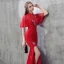 Chic / Beautiful Red Chinese style Formal Dresses 2017 Trumpet / Mermaid Lace Flower Strappy High Neck 1/2 Sleeves Floor-Length / Long Evening Dresses