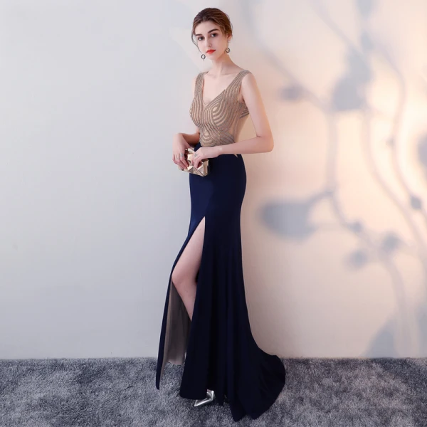 Chic / Beautiful Navy Blue Evening Dresses 2017 A-Line / Princess Rhinestone Backless V-Neck Sleeveless Floor-Length / Long Formal Dresses