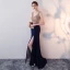 Chic / Beautiful Navy Blue Evening Dresses  2017 A-Line / Princess Rhinestone Backless V-Neck Sleeveless Floor-Length / Long Formal Dresses