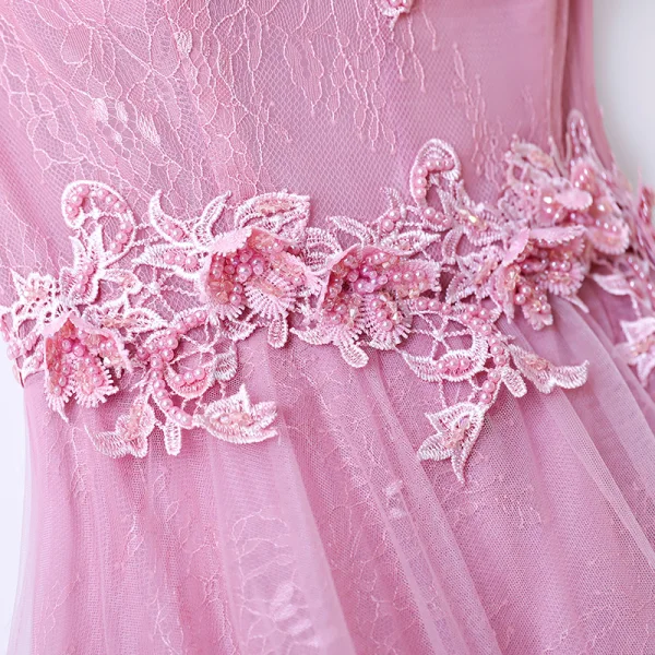 Chic / Beautiful Candy Pink Bridesmaid Dresses 2017 A-Line / Princess Lace Flower Beading Scoop Neck Short Sleeve Ankle Length Wedding Party Dresses