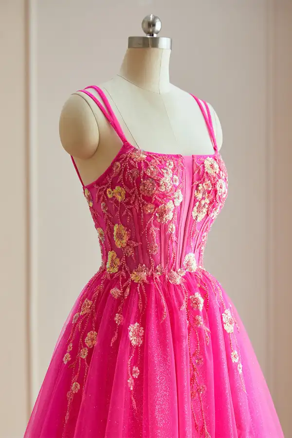 Accrocheuse Glitter Paillettes Fushia Robe De Bal 2024 Princesse Bretelles Spaghetti Dos Nu Sans Manches Longue Robe De Soirée