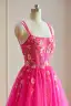 Accrocheuse Glitter Paillettes Fushia Robe De Bal 2024 Princesse Bretelles Spaghetti Dos Nu Sans Manches Longue Robe De Soirée