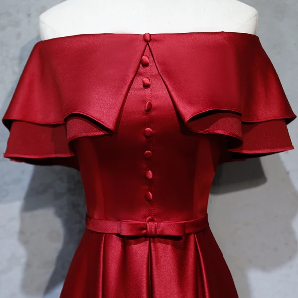 Modest / Simple Burgundy Evening Dresses 2018 A-Line / Princess Buttons Bow Off-The-Shoulder Backless Short Sleeve Floor-Length / Long Formal Dresses