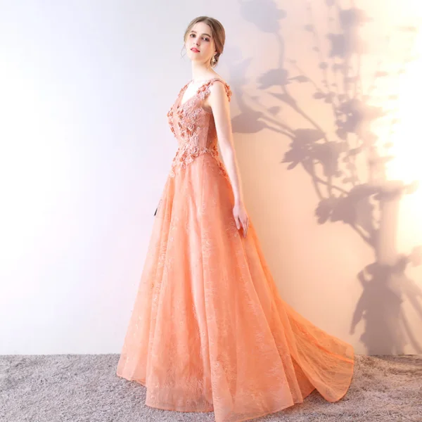 Chic / Beautiful Orange Evening Dresses 2017 A-Line / Princess Lace Flower Sequins V-Neck Backless Sleeveless Floor-Length / Long Formal Dresses