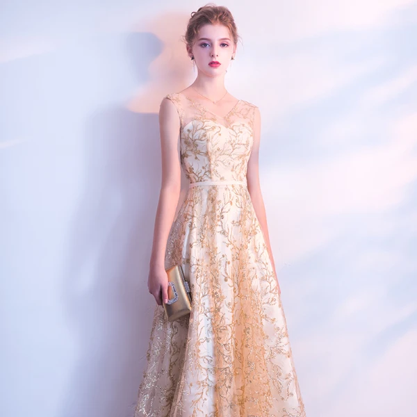 Chic / Beautiful Champagne Evening Dresses 2017 A-Line / Princess Lace Flower Sash Sequins Scoop Neck Sleeveless Ankle Length Formal Dresses