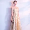 Chic / Beautiful Champagne Evening Dresses  2017 A-Line / Princess Lace Flower Sash Sequins Scoop Neck Sleeveless Ankle Length Formal Dresses