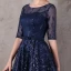 Chic / Beautiful Navy Blue Asymmetrical Evening Dresses  2017 A-Line / Princess Lace Sequins Bow Scoop Neck 1/2 Sleeves Formal Dresses