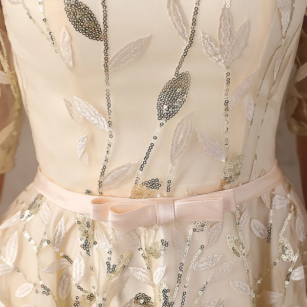 Chic / Belle Champagne Asymétrique Robe De Soirée 2017 Princesse En Dentelle Paillettes Noeud Encolure Dégagée 1/2 Manches Robe De Ceremonie