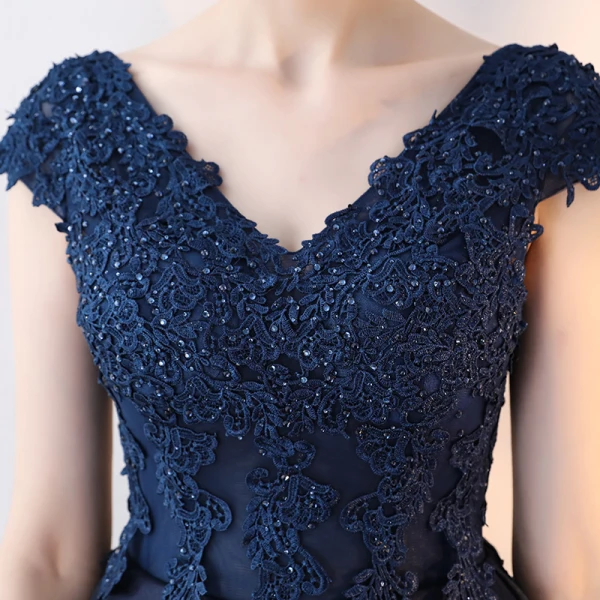 Classique Bleu Marine Robe De Bal 2017 Princesse En Dentelle Fleur Cristal Paillettes V-Cou Dos Nu Sans Manches Train De Balayage Robe De Ceremonie