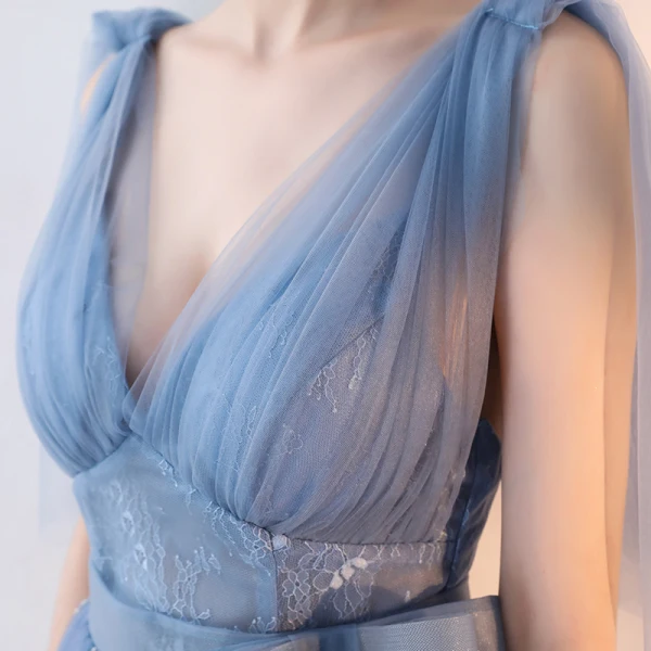 Chic / Beautiful Sky Blue Evening Dresses  2017 A-Line / Princess Bow V-Neck Backless Sleeveless Floor-Length / Long Formal Dresses