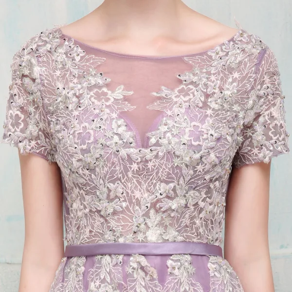 Chic / Beautiful Grape Evening Dresses 2017 A-Line / Princess Lace Flower Beading Sequins Scoop Neck Short Sleeve Floor-Length / Long Formal Dresses
