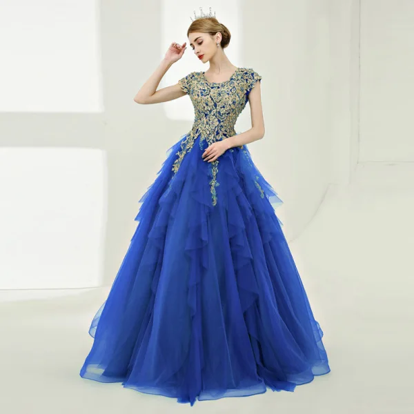 Luxury / Gorgeous Prom Dresses 2017 Ball Gown Lace Flower Pearl Sequins Scoop Neck Floor-Length / Long Sleeveless Formal Dresses