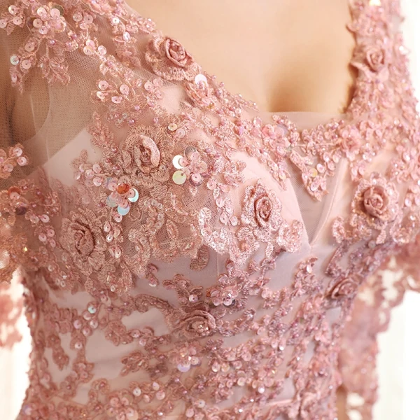Luxus / Herrlich Rosa Abendkleider 2017 Mermaid Mit Spitze Kristall Perle Pailletten V-Ausschnitt Rückenfreies 1/2 Ärmel Sweep / Pinsel Zug Festliche Kleider