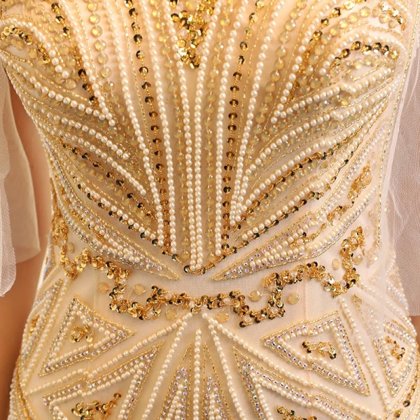 Luxury / Gorgeous Gold Evening Dresses 2017 Trumpet / Mermaid Beading Crystal Pearl Sequins Scoop Neck Backless 1/2 Sleeves Sweep Train Formal Dresses