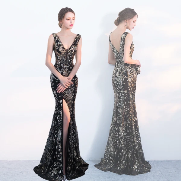 Amazing / Unique Black Gold Evening Dresses  2017 Trumpet / Mermaid Sequins V-Neck Backless Sleeveless Floor-Length / Long Formal Dresses