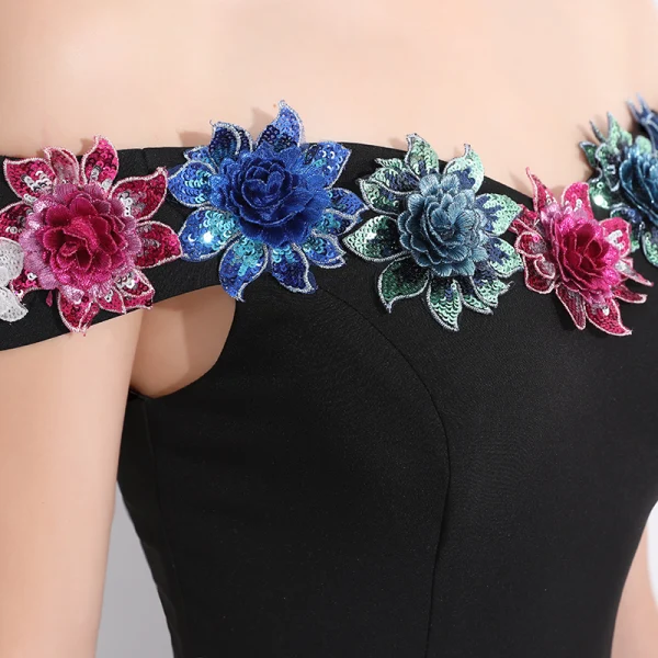 Sexy Schwarz Abendkleider 2017 Mermaid Mit Spitze Blumen Pailletten Off Shoulder Kurze Ärmel Rückenfreies Sweep / Pinsel Zug Festliche Kleider
