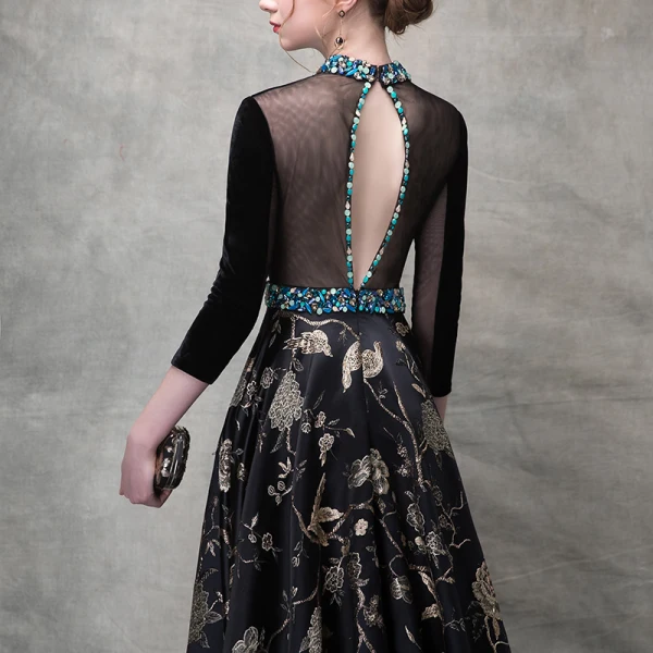 Luxury / Gorgeous Black Gold Evening Dresses 2018 A-Line / Princess Crystal Embroidered Pierced Scoop Neck Backless 3/4 Sleeve Floor-Length / Long Formal Dresses