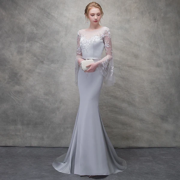 Chic / Beautiful Silver Evening Dresses  2018 Trumpet / Mermaid Lace Flower Scoop Neck Backless Long Sleeve Sweep Train Formal Dresses