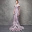 Elegante Rosa Abendkleider 2017 A Linie Mit Spitze Blumen Pailletten Rundhalsausschnitt Rückenfreies Sweep / Pinsel Zug Kurze Ärmel Festliche Kleider