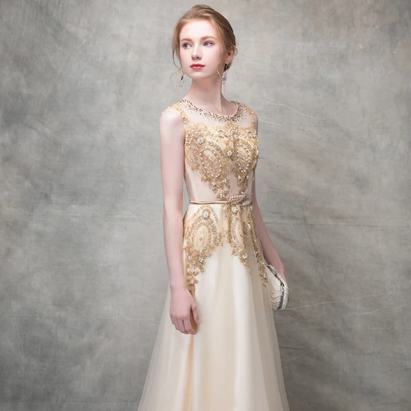 Sparkly Champagne Evening Dresses  2017 A-Line / Princess Pearl Sequins Metal Sash Scoop Neck Sleeveless Ankle Length Formal Dresses