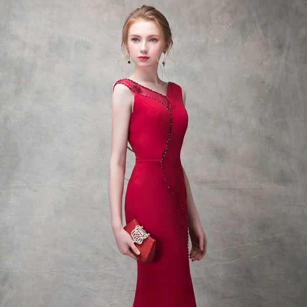 Sexy Burgundy Evening Dresses 2018 Trumpet / Mermaid Beading Metal V-Neck Backless Sleeveless Sweep Train Formal Dresses