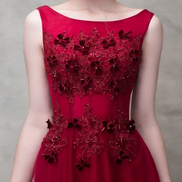 Chic / Belle Bordeaux Robe De Soirée 2017 Princesse En Dentelle Fleur Cristal Fleurs Artificielles Encolure Dégagée Dos Nu Sans Manches Longueur Cheville Robe De Ceremonie