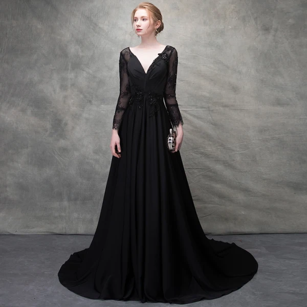 Chic / Belle Noir Robe De Soirée 2017 Princesse Perlage Cristal En Dentelle Fleurs Artificielles Percé V-Cou Dos Nu Manches Longues Train De Balayage Robe De Ceremonie
