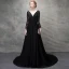 Chic / Belle Noir Robe De Soirée 2017 Princesse Perlage Cristal En Dentelle Fleurs Artificielles Percé V-Cou Dos Nu Manches Longues Train De Balayage Robe De Ceremonie