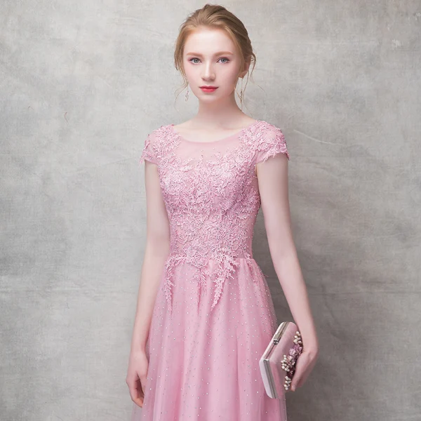 Chic / Beautiful Candy Pink Evening Dresses  2017 A-Line / Princess Flower Lace Rhinestone Scoop Neck Backless Short Sleeve Ankle Length Formal Dresses