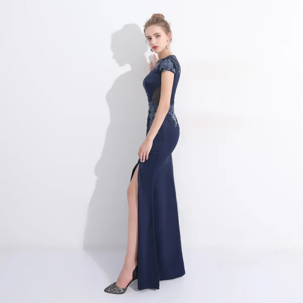 Chic / Belle Fendue devant Robe De Soirée 2017 Trompette / Sirène En Dentelle Fleur Cristal Encolure Dégagée Manches Courtes Longueur Cheville Robe De Ceremonie