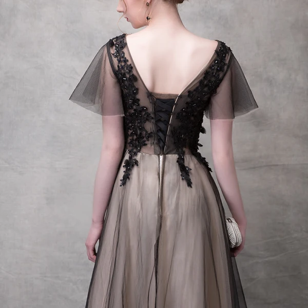 Chic / Belle Noir Robe De Soirée 2017 Princesse Cristal En Dentelle Fleur V-Cou Dos Nu Manches Courtes Longueur Cheville Robe De Ceremonie